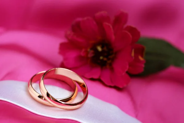 Свадебные Кольца Розовый Цветок Близко — стоковое фото