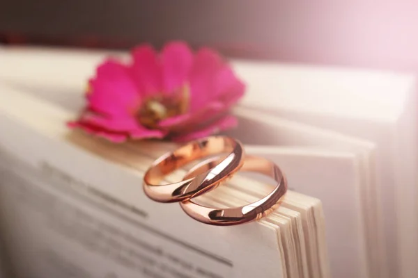 Anillos Boda Una Flor Rosa Libro Retro Romántico — Foto de Stock