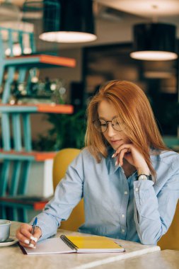 Kızıl saçlı kız bir kafede. Kahve içiyor. Bilgisayar kontrol raporları.