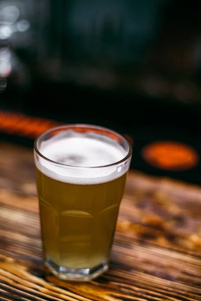 Light Beer Glass Grocery Wooden Table Bar — Stock Photo, Image