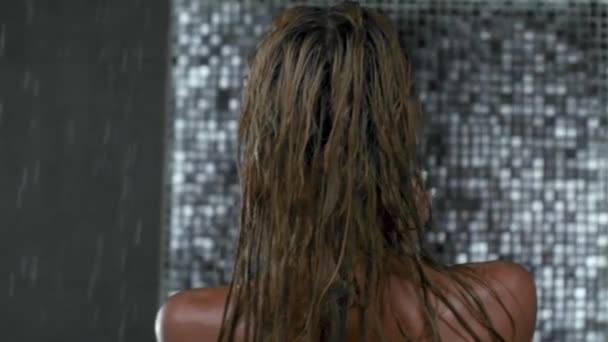 Beautiful Sexy Blonde Girl Wet Hair Posing Swimsuit Shower Drops — Stock Video