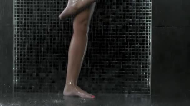 Beautiful Sexy Blonde Girl Wet Hair Posing Swimsuit Shower Drops — Stock Video