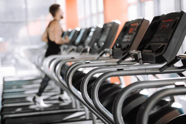 Handsome Pumped Man Runs Treadmill Gym — Stock Photo, Image