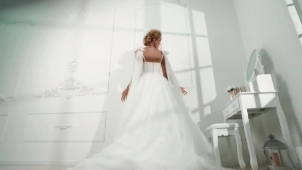 Beautiful Sexy Blonde Bride Posing Wedding Dress Her Husband — Stock Video