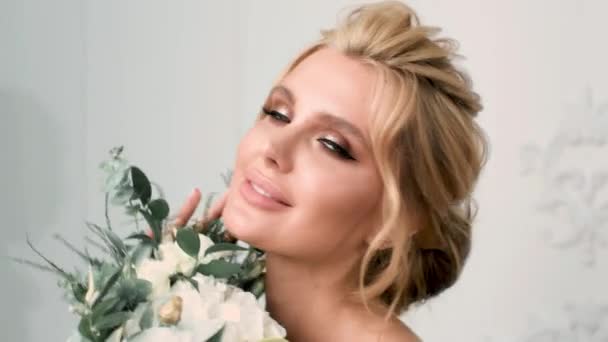 Beautiful Sexy Blonde Bride Posing Wedding Dress Her Husband — Stock Video
