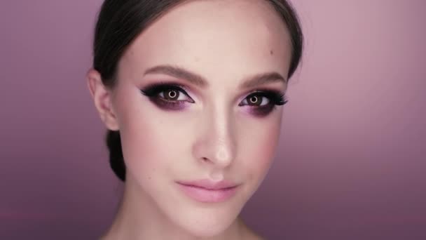 Beauty Portrait Beautiful Girl Makeup Flowers Macro Shot Studio Pink — Stock Video