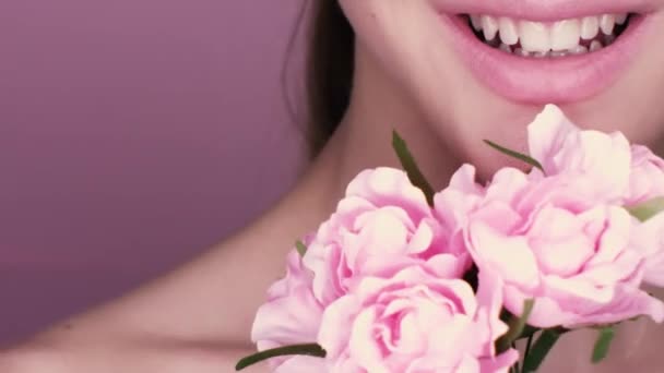 Beauty Portrait Beautiful Girl Makeup Flowers Macro Shot Studio Pink — Stock Video