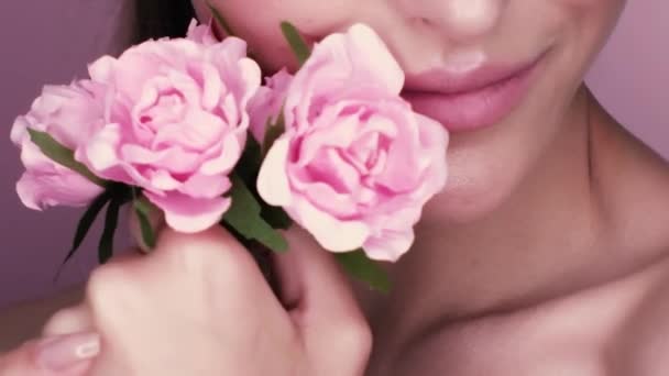 Beauty Portrait Beautiful Girl Makeup Flowers Macro Shot Studio Pink — Stock Video