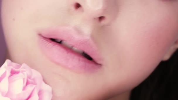 Retrato Belleza Una Hermosa Chica Con Maquillaje Flores Macro Rodaje — Vídeo de stock