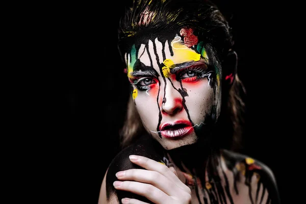 Художественный Грим Девушка Разноцветным Макияжем Изображение Хэллоуин — стоковое фото