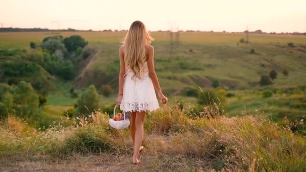 Beautiful Sexy Blonde Girl White Dress Posing Field Sunset Basket — Stock Video