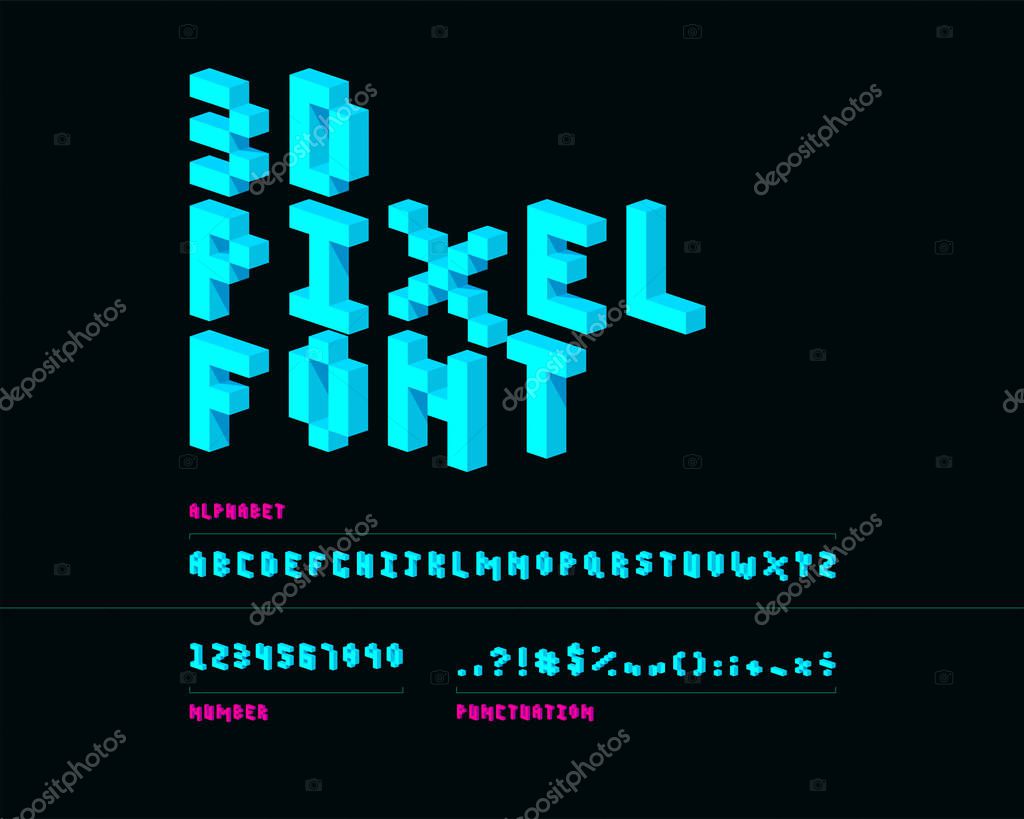 3D pixel font design, colorful vector illustration