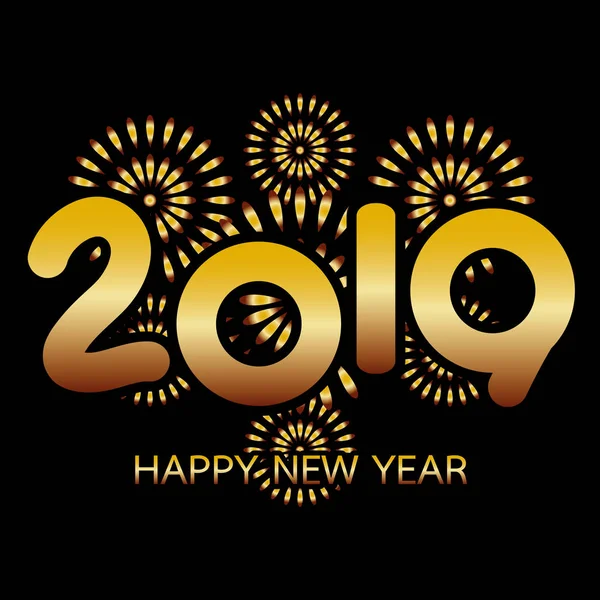 2019 Feliz Ano Novo Banner Com Fogos Artifício Celebração Ouro — Vetor de Stock