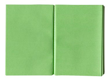 Açık yeşil Not defteri. Mor boş kapak kitap. Yeşil kağıt beyaz bir arka plan üzerinde izole
