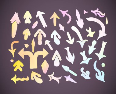  Pastel elle çizilmiş doodle kroki oklar. El ile yapılan ayarla oklar. Trendy vektör ok tasarım öğeleri pastel renklerde.