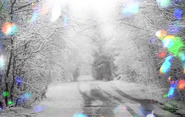 積雪凍結する冬の道 タイヤは 雪の中で追跡します 冬の木々 と道路に覆われました 黒と白の冬 ワイド フォーマット バナー — ストック写真