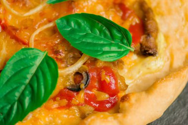 İtalyan pizza jambon, biber, fesleğen, siyah zeytin, domates, mantar, soğan. Pizza tablo üzerinde çekim kapatın. Taze pişmiş geleneksel pizza.