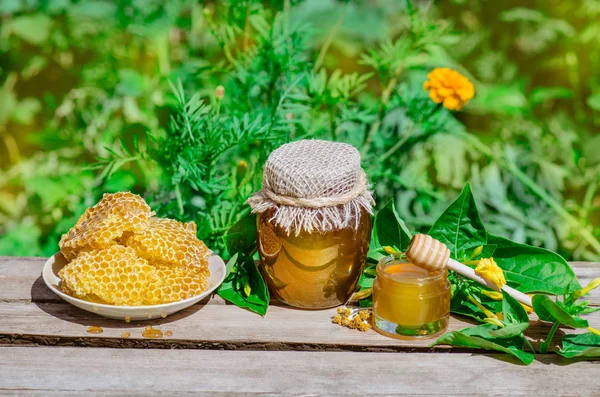 Miele floreale biologico contro sfondo sfocato con fiori — Foto Stock