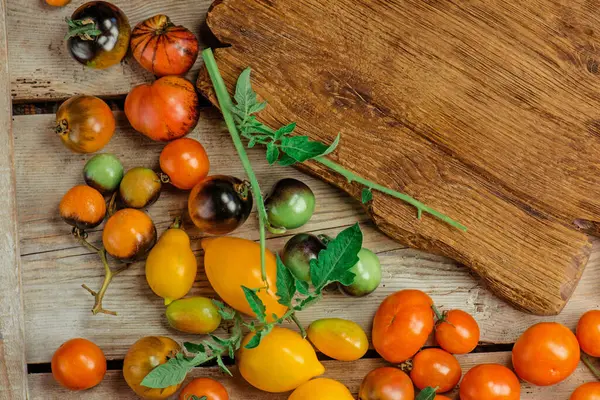 Meng Tomaten Achtergrond Verschillende Soorten Tomaten Zomerdag Verschillende Soorten Geassorteerde — Stockfoto