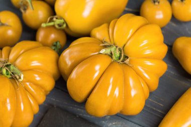  Domatesleri karıştır. Yaz günü çeşitli domates çeşitleri. Farklı renkte sarı domatesler..