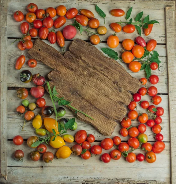 Legumes Orgânicos Saudáveis Fundo Madeira Tomates Jardim Orgânicos Maduros Frescos — Fotografia de Stock