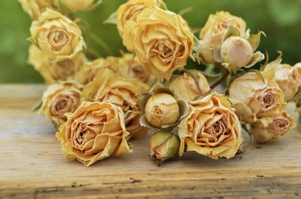 Rosas Secas Fundo Madeira Velho Monte Flores Rosas Secas Conceito — Fotografia de Stock