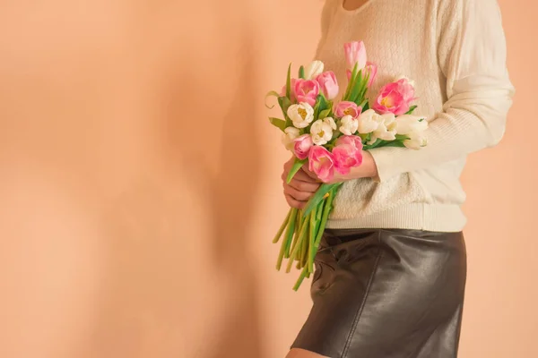 Portrait Cheerful Young Girl Dress Bouquet Flowers Portrait Beautiful Girl — Stock Photo, Image