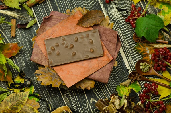 ヘーゼルナッツでチョコレートを閉じます トップビューチョコレート ヘーゼルナッツチョコレートの背景 — ストック写真