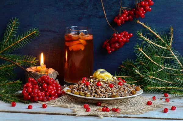 Ingredienser För Traditionell Kutia Bord Med Traditionella Ukrainska Rätter För — Stockfoto