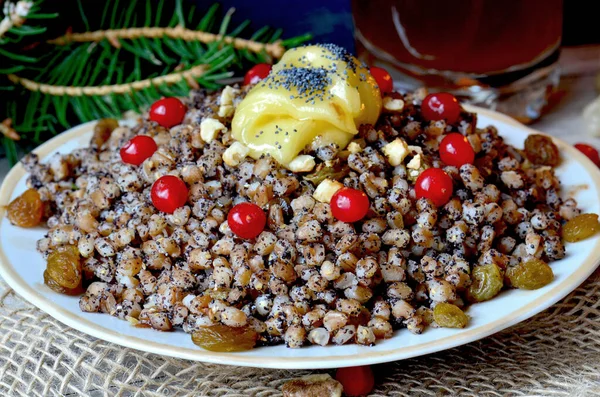 Mingau Trigo Com Nozes Passas Papoula Cristalizada Top Vista Comida — Fotografia de Stock