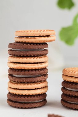 Stack of milk and chocolate cookies with cream filling close up on a white table. Bakery products concept.