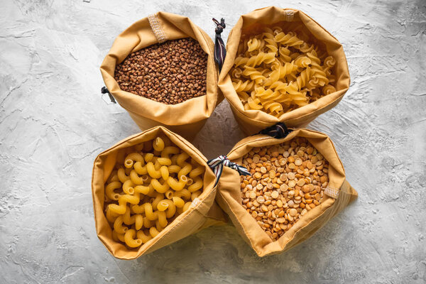 Groceries in eco bag. Eco friendly bag with groats. Zero waste concept.