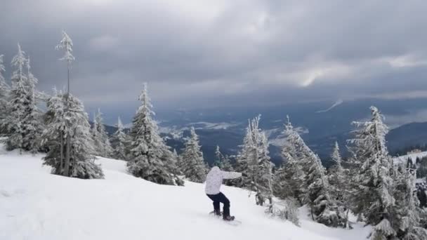 Zadní Pohled Lidský Snowboarding Během Západu Slunce — Stock video