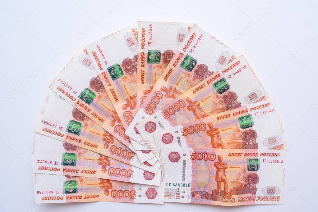 Five thousand rubles bill. Russian rubles. a bunch of 5000 Russian banknotes close up. Russian paper currency.