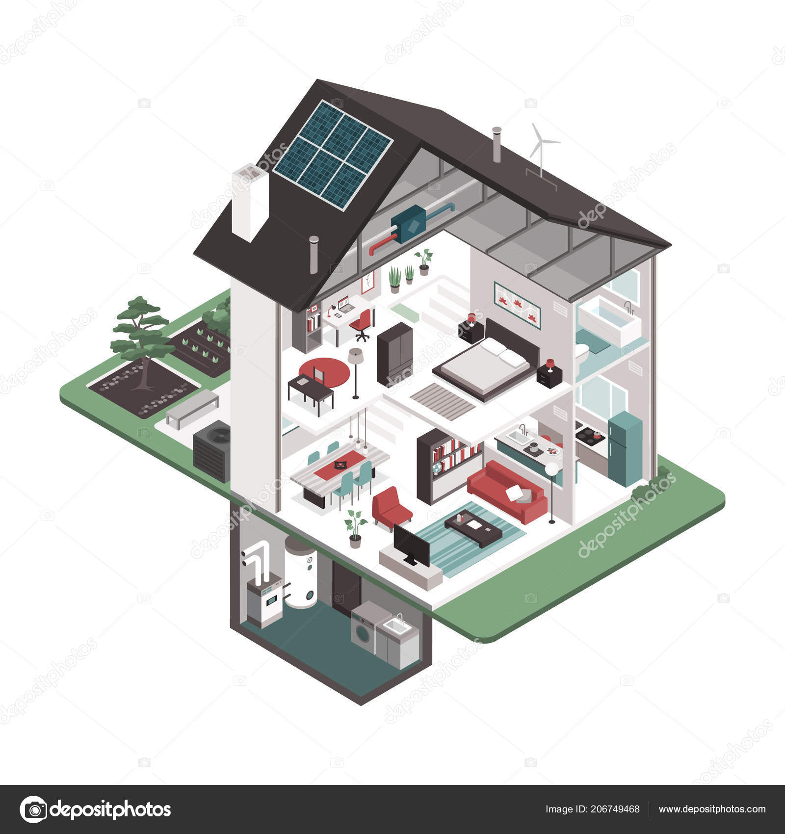 当代能源高效等距住宅横断面与室内室内装饰的白色背景房地产与生态建筑理念图库矢量图©elenabs 206749468, image size:1600x1700