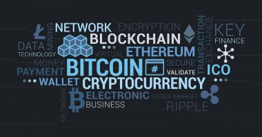 Cryptocurrencies, blockchain ve bitcoin etiket bulutu kavramları ve simgeler