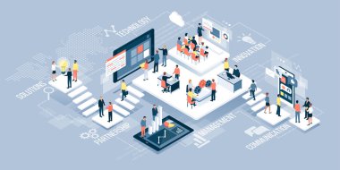 İzometrik sanal ofis iş insanlar çalışma birlikte ve mobil cihazlar ile: işletme yönetimi, online iletişim ve ekonomi kavramı