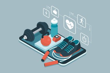 Spor, eğitim ve egzersiz app: spor ekipmanları ve simgeler bir dokunmatik ekran smartphone