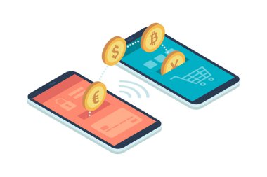 Güvenli ve kolay e-ödemeleri mali uygulamaları kullanarak smartphone: Uluslararası para birimleri ve bir hesaptan diğerine transfer bitcoins