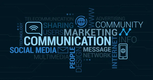 コミュニケーション ソーシャル メディアとマーケティングのタグ クラウド アイコンと概念 — ストックベクタ