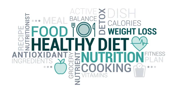 Zdrowe Odżywianie Odżywianie Dieta Chmury Tagów Ikonami Koncepcje — Wektor stockowy