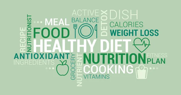 Note Alimentazione Nutrizione Dieta Tag Cloud Con Icone Concetti — Vettoriale Stock