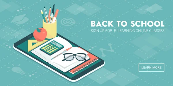 Öğrenme Online Kurslar App Simgeleri Kitaplar Araçlar Eğitim Okul Kavramı — Stok Vektör