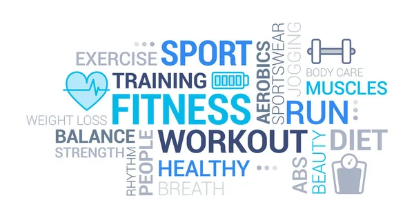 Fitness Sport Dan Wellness Tag Cloud Dengan Ikon Dan Konsep - Stok Vektor