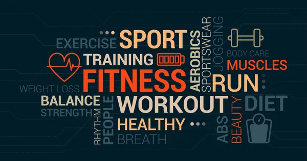 Fitness Sport Dan Wellness Tag Cloud Dengan Ikon Dan Konsep - Stok Vektor