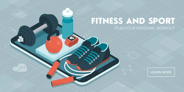 Fitness Training Dan Workout App Peralatan Olahraga Dan Ikon Pada - Stok Vektor