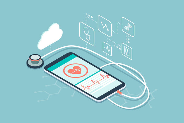 Digital stethoscope connected to a smartphone and icons: innovative medical diagnosis and technology concept