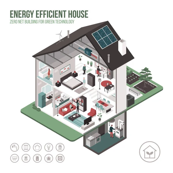 Kortárs Energia Hatékony Izometrikus Eco Ház Keresztmetszet Szoba Belső Terek — Stock Vector