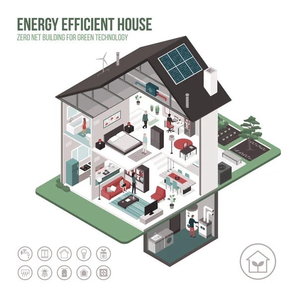 Contemporary energy efficient isometric eco house cross section and room interiors on white background with icons and people — Stock Illustration Contemporary Energy Efficient Isometric Eco House Cross Section Room Interiors Royalty Free Stock Vectors
