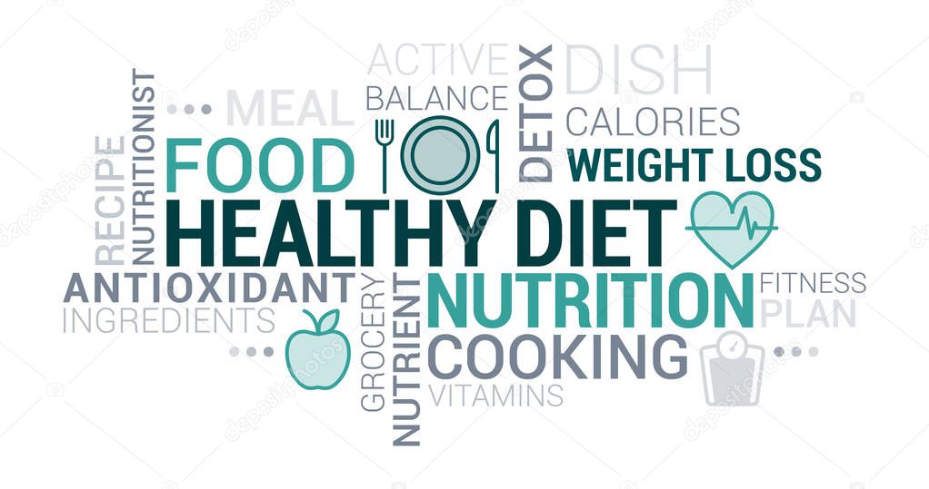 Healthy eating, nutrition and diet tag cloud with icons and concepts